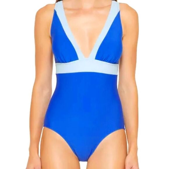 DKNY Plunging Colorblocked One-Piece Swimsuit Blue Size 12 - Picture 1 of 13